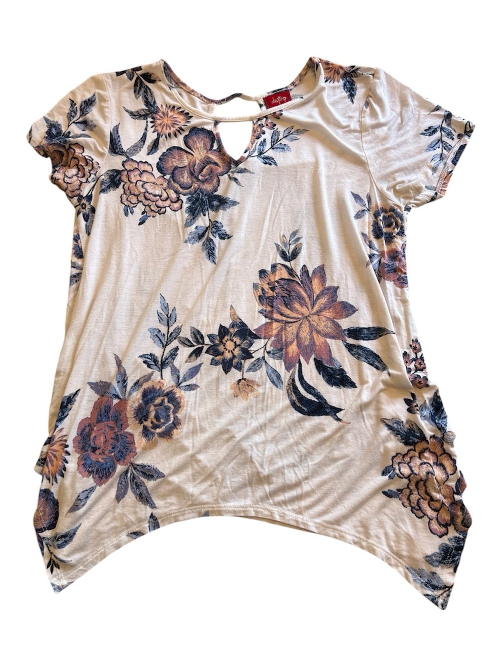 Daytrip Cream Short Sleeve Top with Blue & Brown Floral Print Size Medium